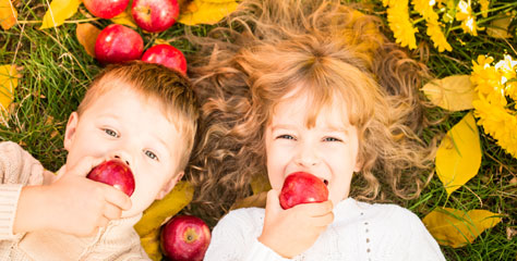 Zwei Kinder liegen auf der Herbstwiese, schauen in den Himmel und beißen jeder in einen Apfel.